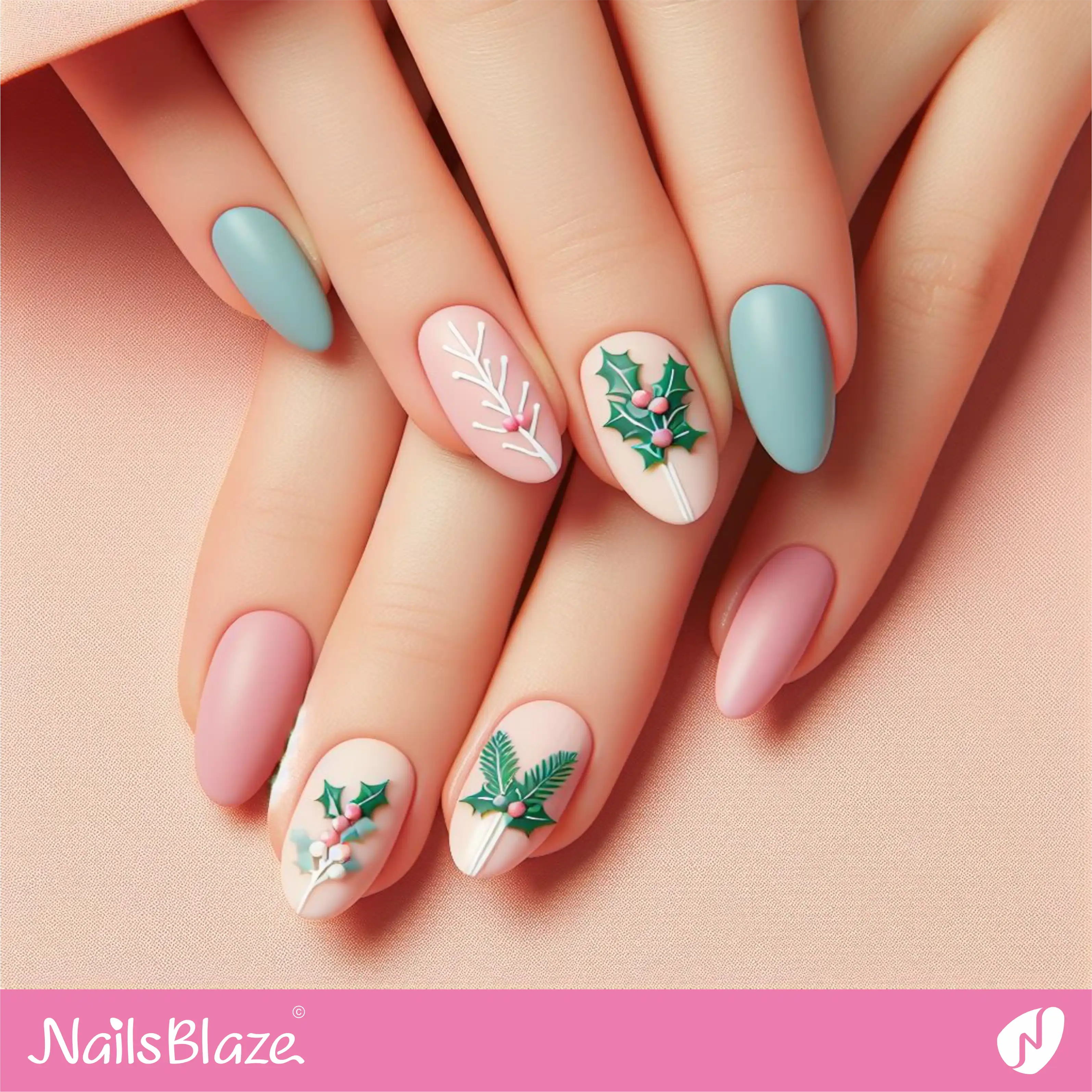 Pastel Holly Leaf Nail Design | Nature-inspired Nails - NB1658